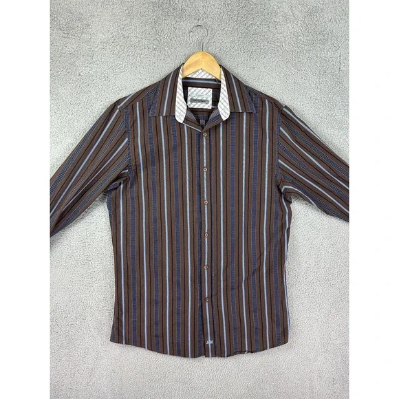Johnston & Murphy Shirt Mens Medium Brown Blue Striped Tailored Fit Long Sleeve
